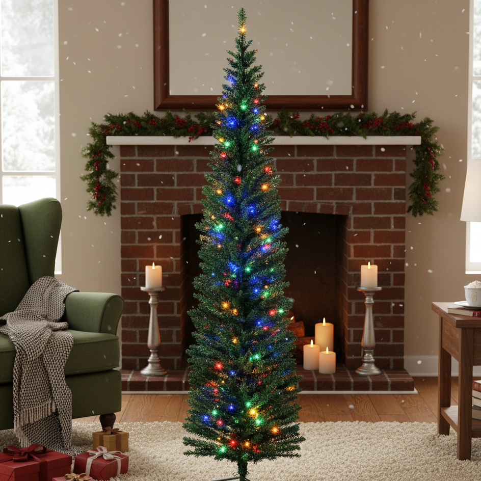 Slim pencil Christmas tree with colourful LED lights beside fireplace and festive décor.
