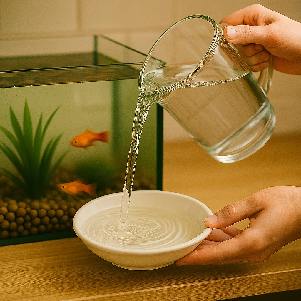 filling fresh water in a bowl with jug for fish tank