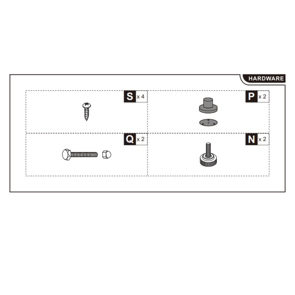 Hardware set including screws, bolts, caps, and knobs.