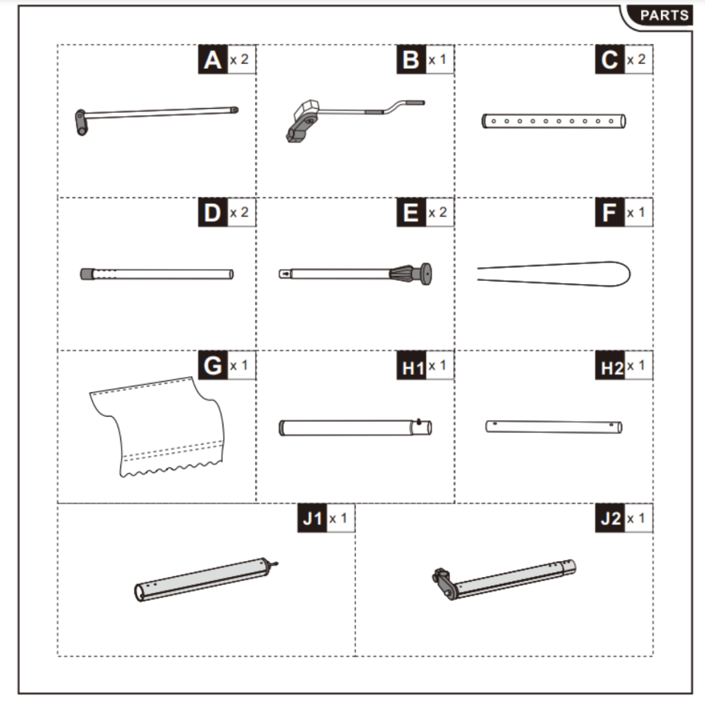 Awning parts laid out including poles, rods, and fabric.