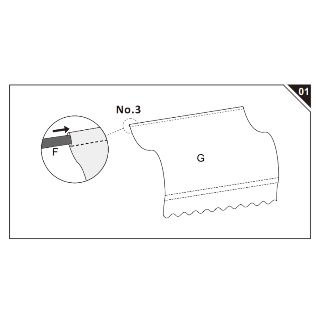Fabric panel G sliding into pull strap F.