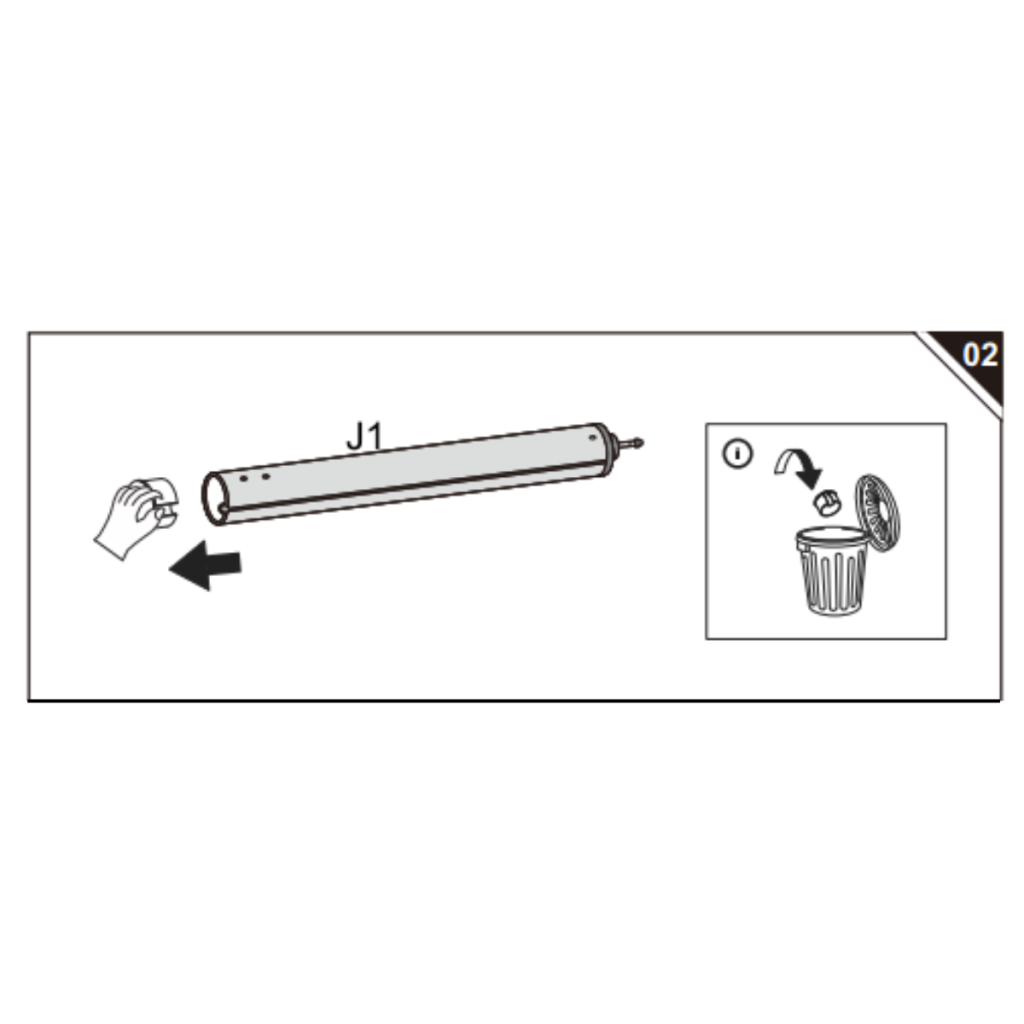 Hand removing protective cap from roller tube J1.