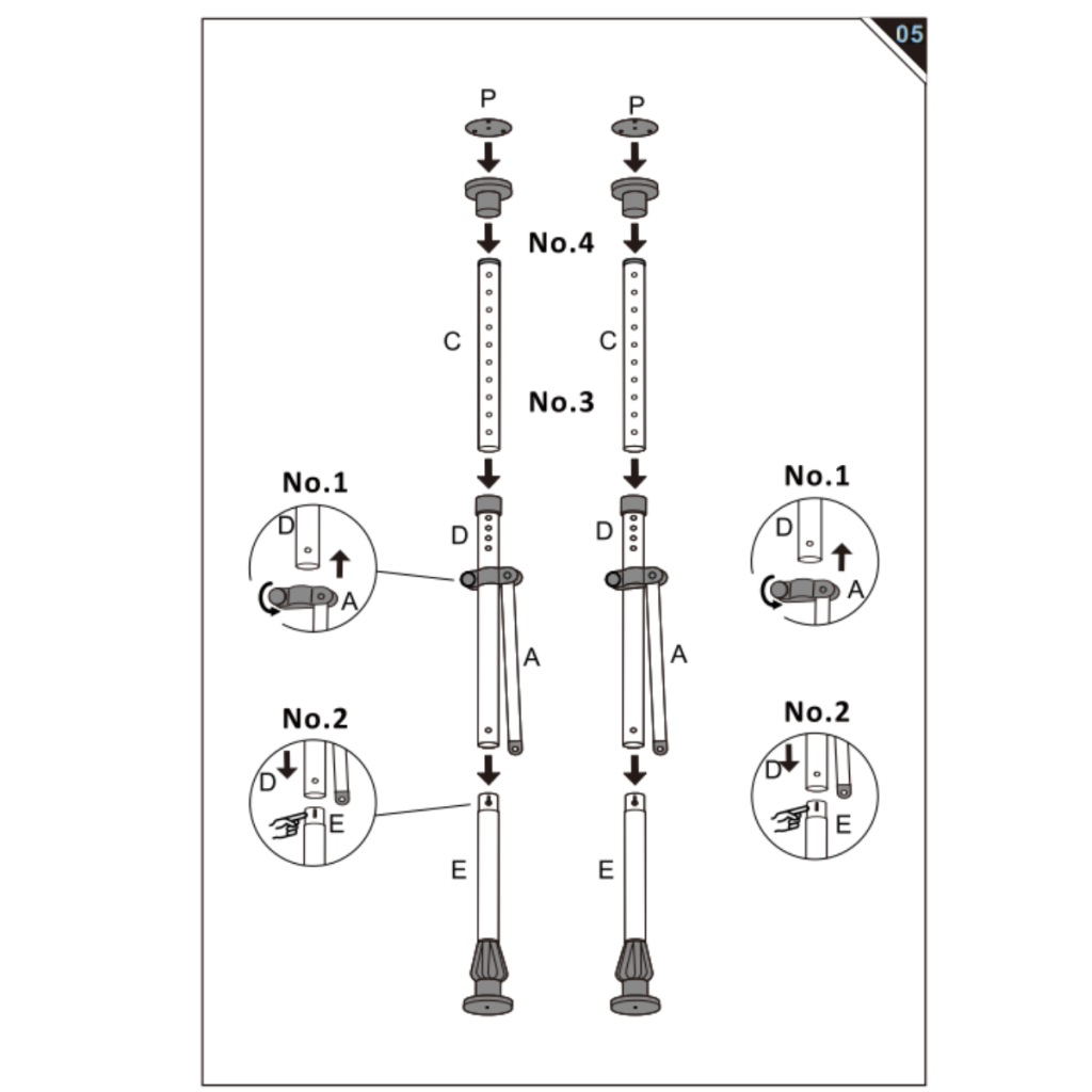 Pole sections C, D, A, and E being connected.