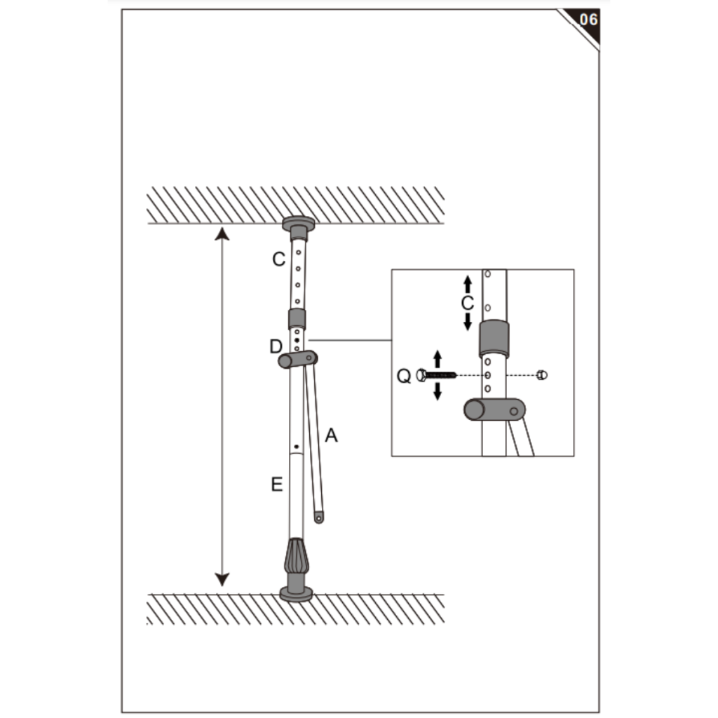 Adjustable pole C set to height using screw Q.