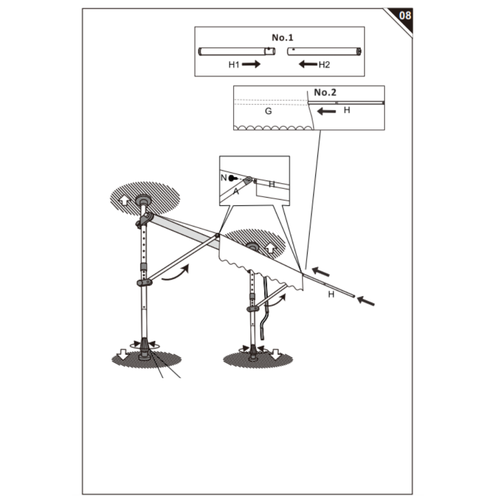 Support bars attaching to awning frame with height adjustments.