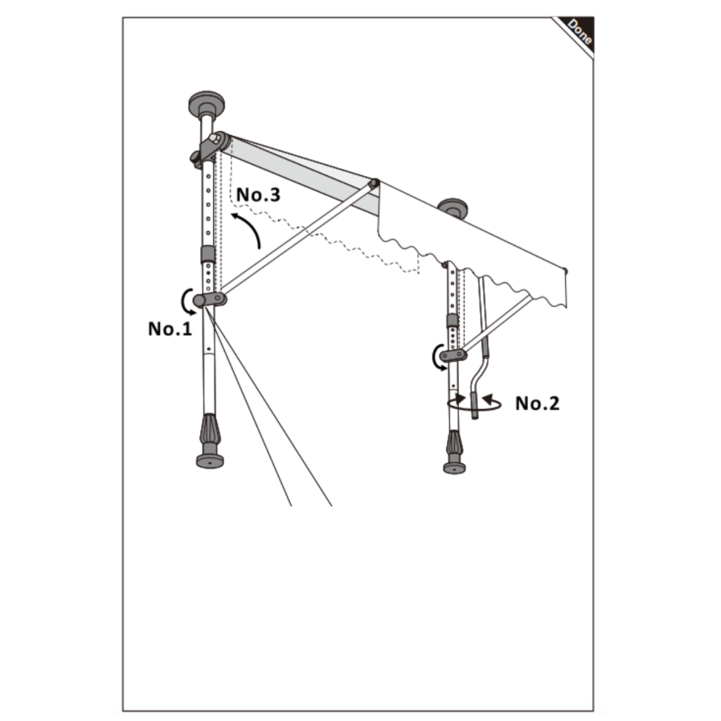 Awning frame being adjusted using crank and support bars.