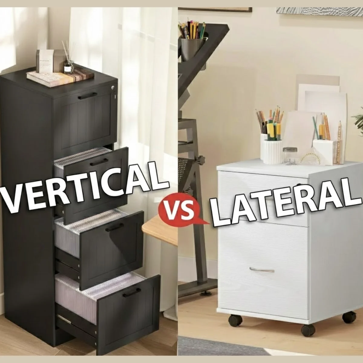 comparison of vertical hanging folders vs flat document storage in drawer