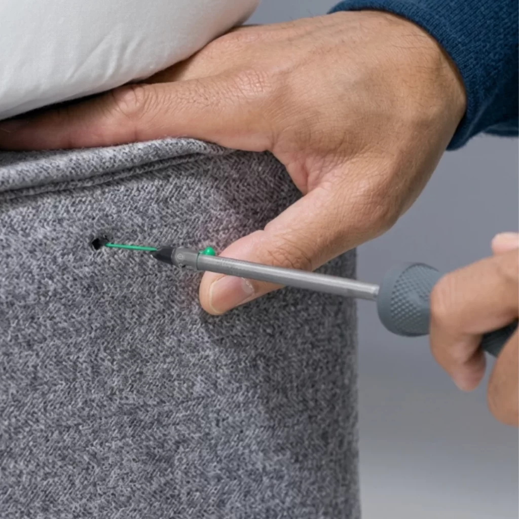 divan bed headboard bolt installation with fabric tag piercing